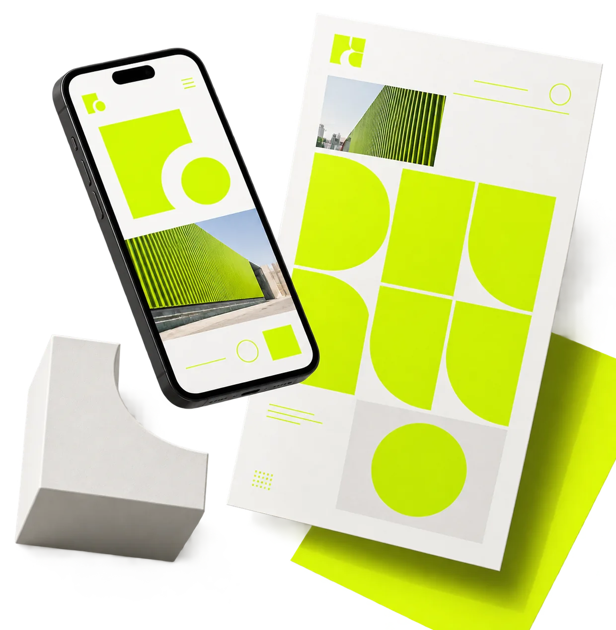 Composition de projets Melio Design Studio : mockup mobile, affiche imprimée et objet 3D